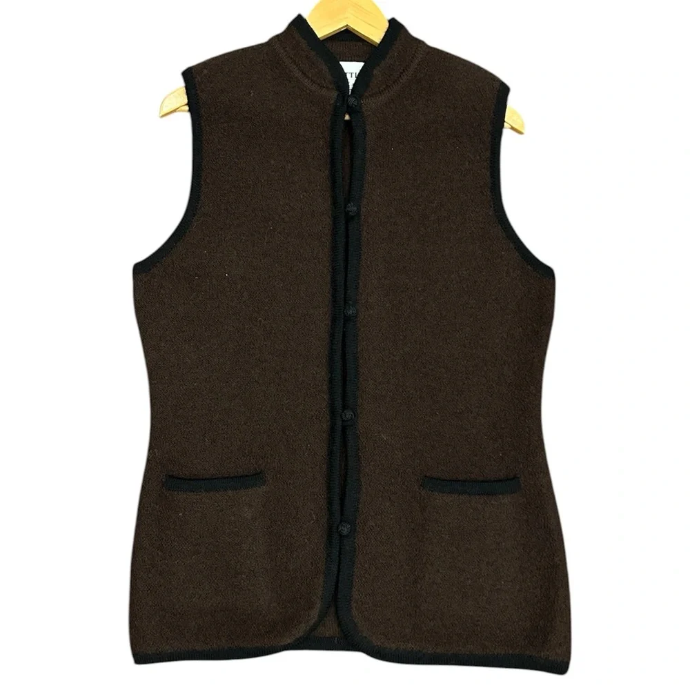 Vintage Knitting Needles Brown 100% Wool Vest Black Fabric Buttons & Trim Large